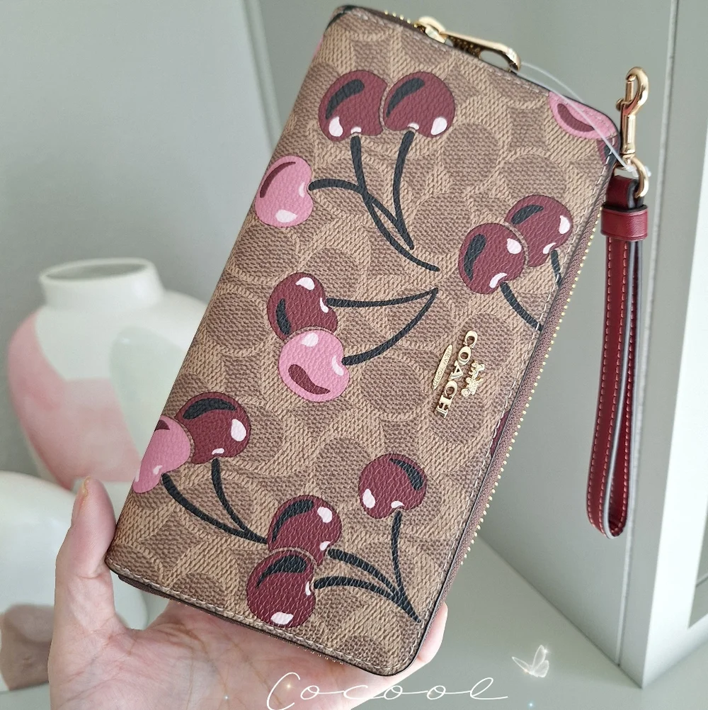 NWT Coach Long Zip Around Wallet In Signature Canvas With Cherry Print CZ328 🍒